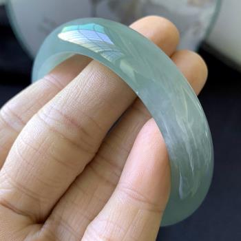 天然緬甸翡翠手鐲女款淺油青色冰種冰糯種玉手鐲飄花翡翠油青手鐲
