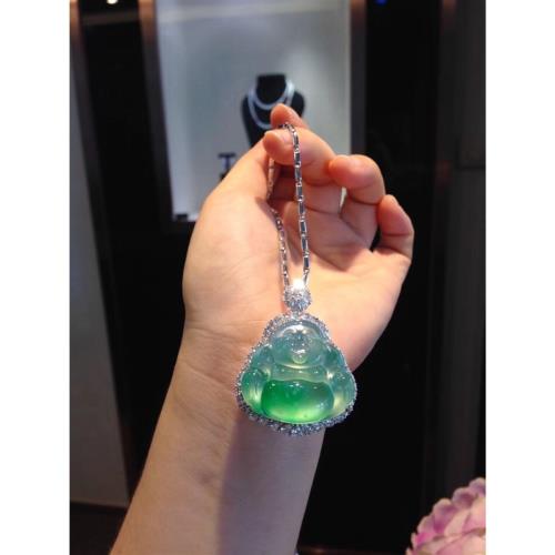 玉佛吊墜掛件緬甸翡翠天然鑲嵌男女佛公冰種笑佛吊墜陽綠翡翠