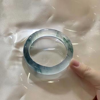 緬甸翡翠手鐲冰種藍飄花女天然玉石正圈天山翠圓條陽綠玻璃種玉鐲