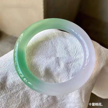 【熱賣】天然冰種瑪瑙玉髓手鐲女士油青色半山半水鐲子圓條美人鐲