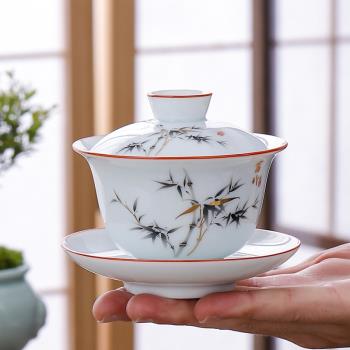 中式蓋碗功夫茶具影青釉蓋碗三才茶碗家用簡約泡茶器手繪敬茶碗杯
