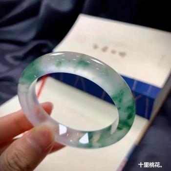 天然緬甸玻璃種貴妃圓條玉鐲子緬甸冰種天山翠飄綠花正品翡翠手鐲