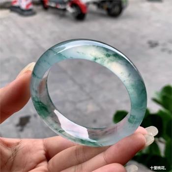 高冰種翡翠手鐲天然緬甸玉石正品天山崔翠女款玻璃種藍飄花正圈玉