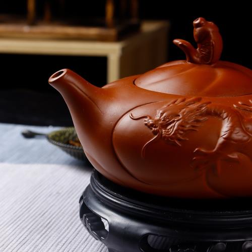 魚化龍鳳鳴壺原礦紫砂壺滿工雕半手工大紅袍魚躍龍門泡茶壺批代發|茶具