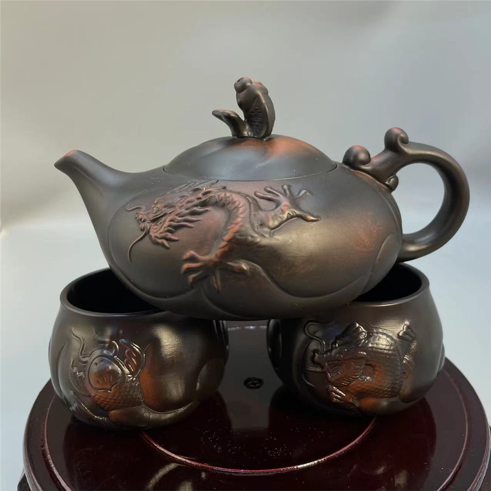 魚化龍鳳鳴壺原礦紫砂壺滿工雕半手工大紅袍魚躍龍門泡茶壺批代發|茶具