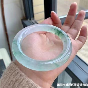 天然緬甸老坑翡翠手鐲高冰滿陽綠色飄花圓條少女款翡翠玉鐲子時尚