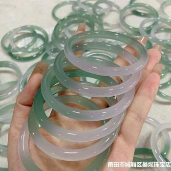 冰種半山半水細圓條玉髓手鐲女款天然玉石翡翠飄花色瑪瑙手鐲