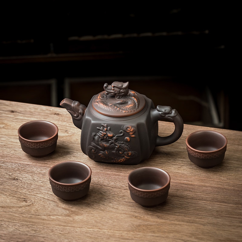 500cc名師手工浮雕紫陶四方龍尊紫砂壺鳳鳴壺一壺六杯斷水泡茶壺|咖啡