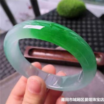天然緬甸翡翠手鐲老坑翡翠玉手鐲少女款飄綠半綠正陽綠翡翠玉手鐲