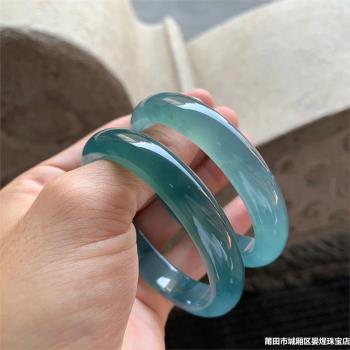 天然緬甸翡翠手鐲晴水冰種藍水底美人條正圈湖水藍玉石手鐲少女款