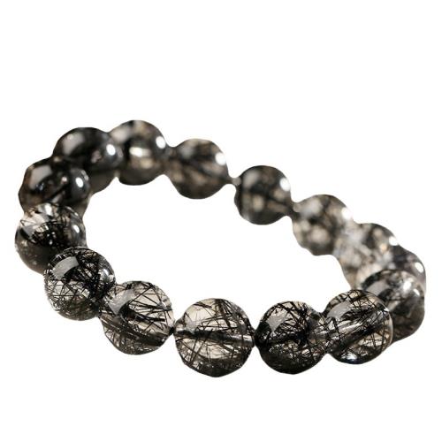 天然黑發晶鈦晶圓珠單圈手鏈DIY原創手工男女款簡約清新時尚大方