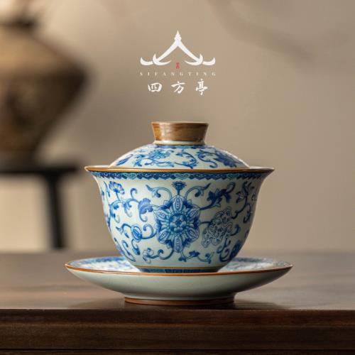 汝窯蓋碗青花瓷三才茶碗中式茶杯茶具單個高檔不燙手2024新款陶瓷|茶具