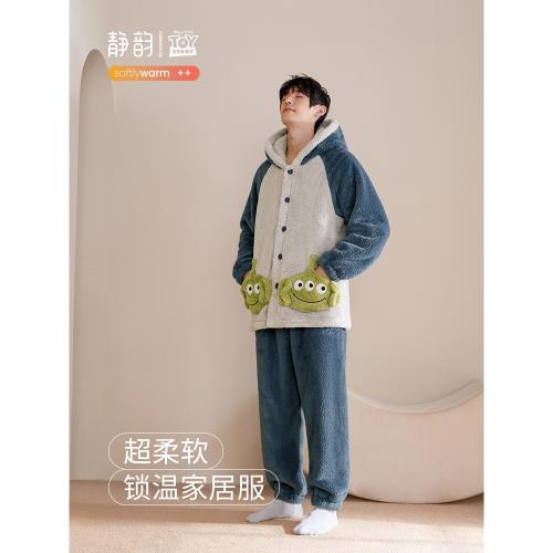 (免運)靜韻【超柔軟】珊瑚絨迪士尼男款冬季加絨家居服法蘭絨女秋冬套裝