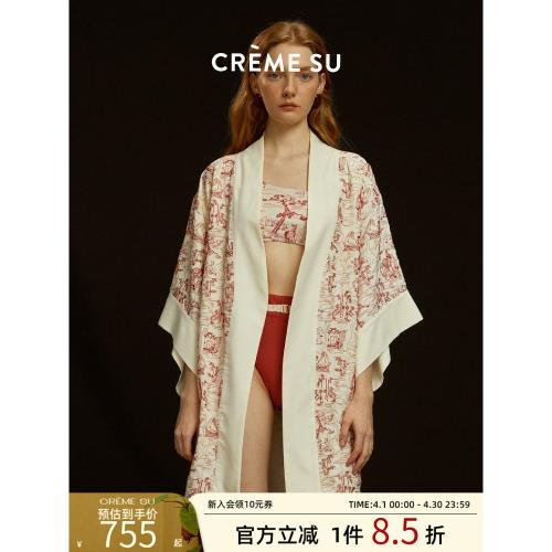 (免運)CremeSu新中式繪瓷系列睡衣滿幅刺繡睡袍長款寬松家居服紅色晨袍