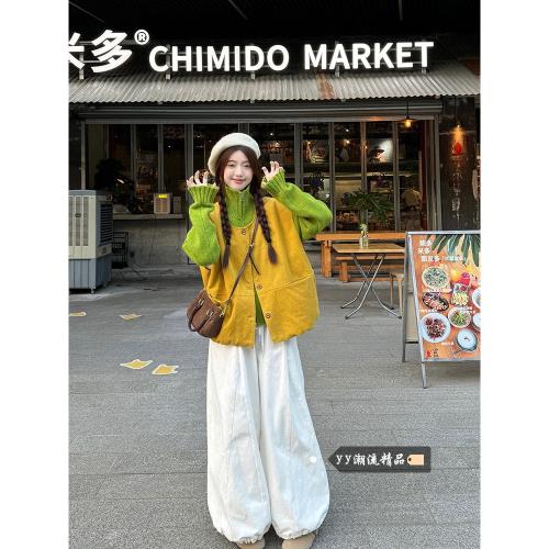 (免運)日系復古黃色燈芯絨馬甲外套女冬季疊穿背心無袖開衫外搭馬夾上衣