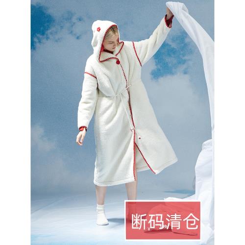 (免運)朵朵可可睡衣女秋冬加厚珊瑚絨連帽長款睡袍晨袍保暖毛絨家居服