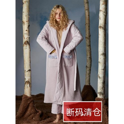 (免運)朵朵可可秋冬珊瑚絨夾棉睡袍女連帽長袍晨袍加厚加絨睡衣家居服