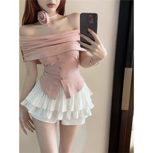 (免運)法式甜辣修身套裝女裝春季一字肩花朵系帶掛脖上衣高腰短裙兩件套