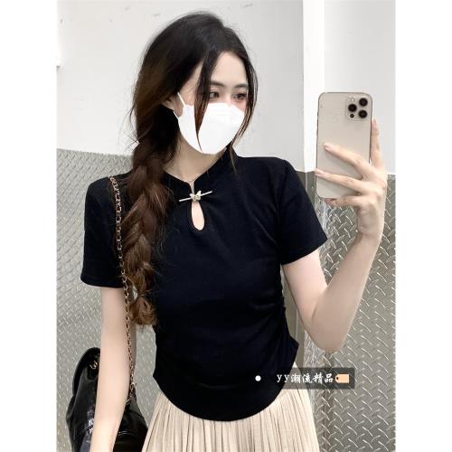 (免運)新中式中國風短袖t恤女2025冬季黑色小個子古風修身盤扣短款上衣