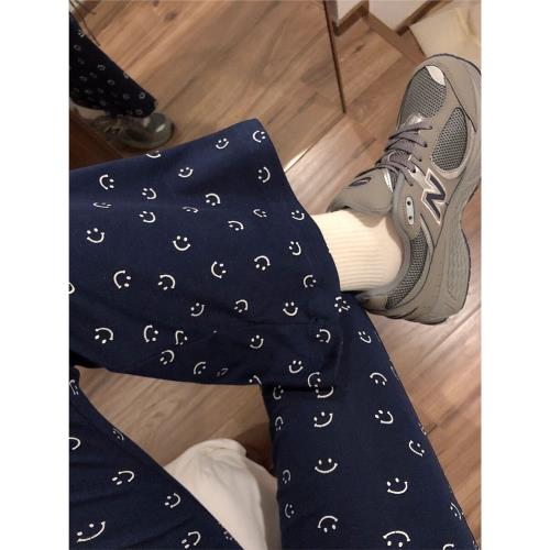 (免運)藏青色笑臉微喇叭衛褲女早春小個子高腰休閑長褲闊腿遛彎運動褲子