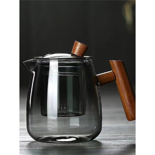 (免運)玻璃茶壺木把泡茶茶杯透黑三件杯茶水分離器煮家用辦公煙榭壺防燙
