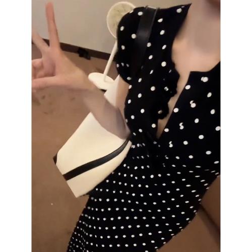 赫本風法式黑色波點連衣裙子女裝夏季2025新款氣質高級感包臀長裙