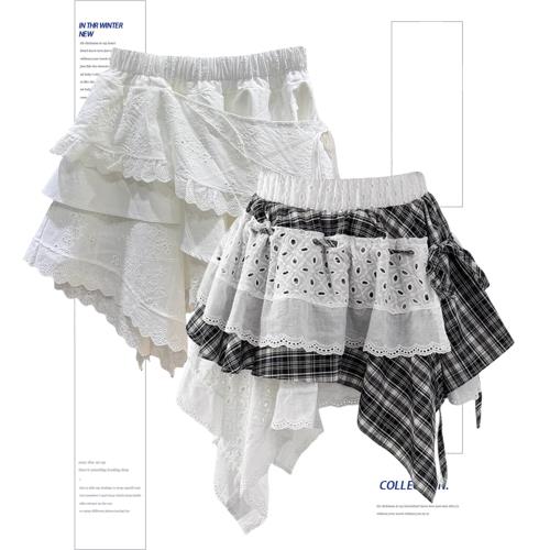 不規則蕾絲拼接格子系帶半身裙女春夏2025設計感小眾A字蛋糕短裙