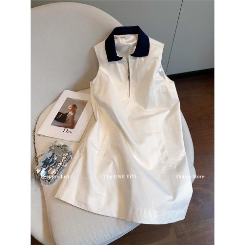 老錢風白色polo領無袖連衣裙女2025夏季新款氣質甜美休閑背心裙子