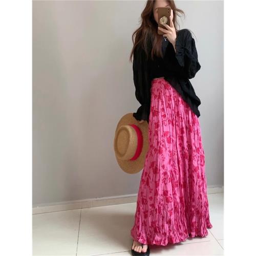 碎花半身裙女春夏季2025新款復古溫柔高腰a字長款雪紡玫粉色裙子