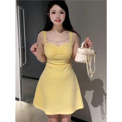 大碼純欲設計感吊帶連衣裙女夏季新款微胖mm收腰顯瘦小個子a字裙