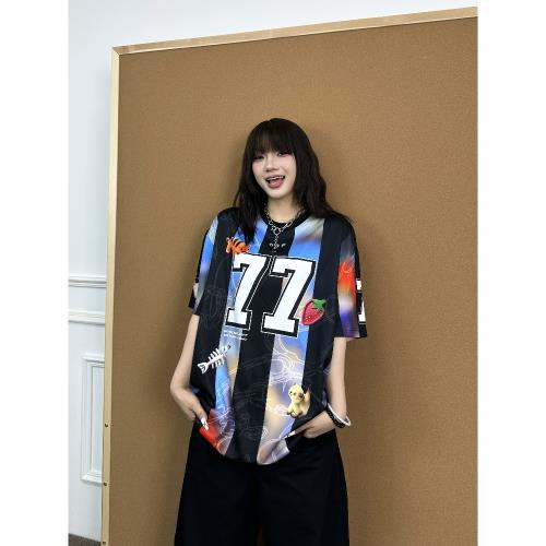 BeOurRule 復古直噴印花條紋間色Blokecore球衣短袖運動風T恤寬松