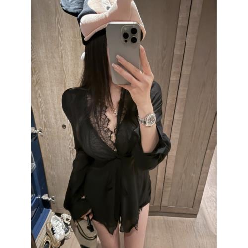 純欲性感V領蕾絲拼接雪紡衫2025春季設計感辣妹顯瘦假兩件上衣女