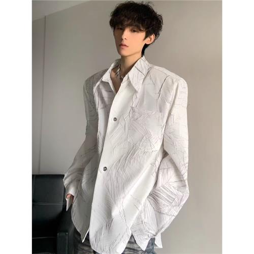暗黑小眾解構肌理感裂紋花襯衫男雅痞高級感發型師寬松休閑襯衣薄