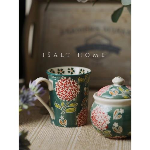 出法國手繪油畫風盛夏繡球杯碗盤收納罐壺花瓶精致手握杯高顏值