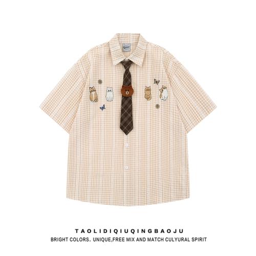 復古小貓刺繡格子短袖襯衫女夏季學院風寬松顯瘦百搭情侶半袖襯衣