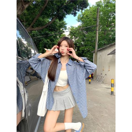 可可里自制~復古藍色純棉格子襯衫外套女2026春季寬松長袖上衣潮