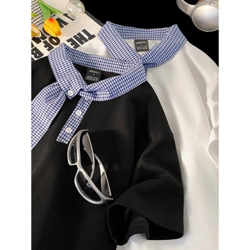 領口拼接格子短袖t恤男女夏季新款設計感休閑半袖情侶航海風上衣