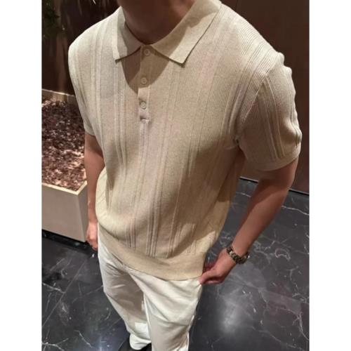 2025夏季高端老錢風拼接針織翻領短袖polo衫男修身輕奢半袖打底衫