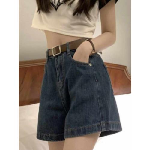 夏季新款韓系穿搭復古藍水洗高腰闊腿牛仔短褲女a字闊腿顯瘦熱褲