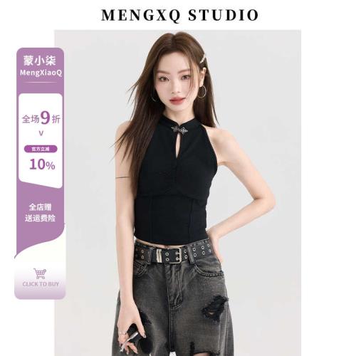 蒙小柒高級感黑色掛脖吊帶背心女夏季新中式內搭無袖上衣短款外穿