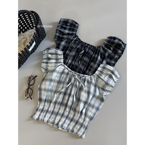 方領蓬蓬袖格子綁帶襯衫2025夏季新款韓版女裝修身套頭收腰上衣潮