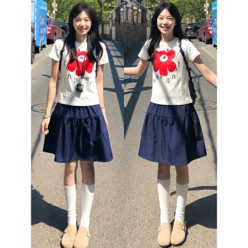 藏青色日系短裙女夏2025新款高腰顯瘦a字休閑小個子學院風半身裙