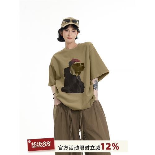 吳童童印花小狗圓領短袖T恤女夏季韓系慵懶風高級感寬松半袖上衣