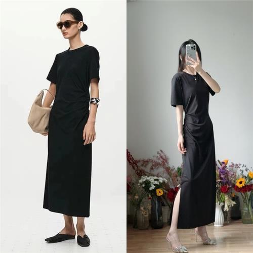 敲顯瘦的款！260G涼感Sorona纖維混紡面料 短袖 黑色長款連衣裙