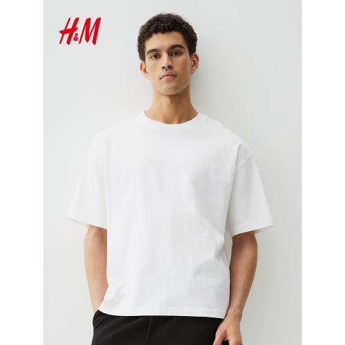 HM男裝女裝T恤冬季休閑圓領標準版型重磅情侶裝短袖上衣1035207