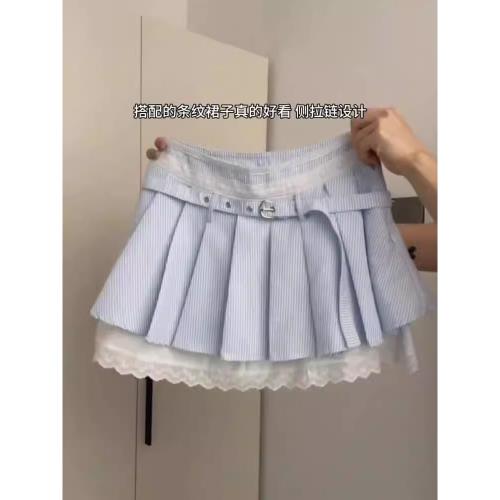 大碼韓版甜美藍色條紋蕾絲邊百褶短裙甜妹春季防走光A字半身裙女