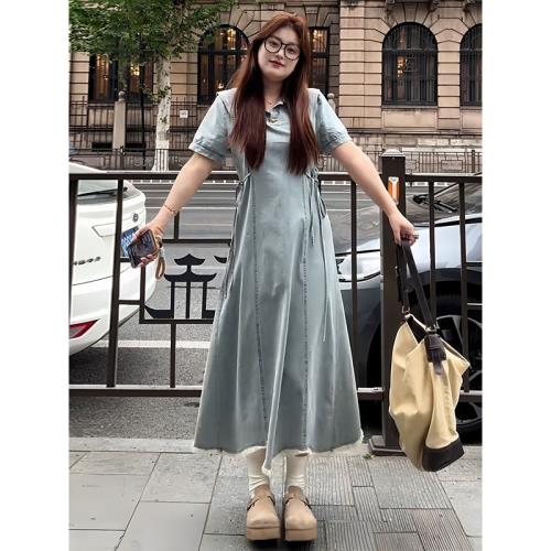 大碼女裝設計感氣質綁帶掐腰連衣裙夏季新款胖mm寬松巨顯瘦長裙子