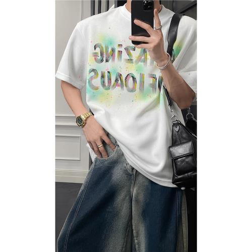 龍叨叨夏季新品美式潮牌重磅潑墨字母印花T恤男寬松百搭短袖上衣