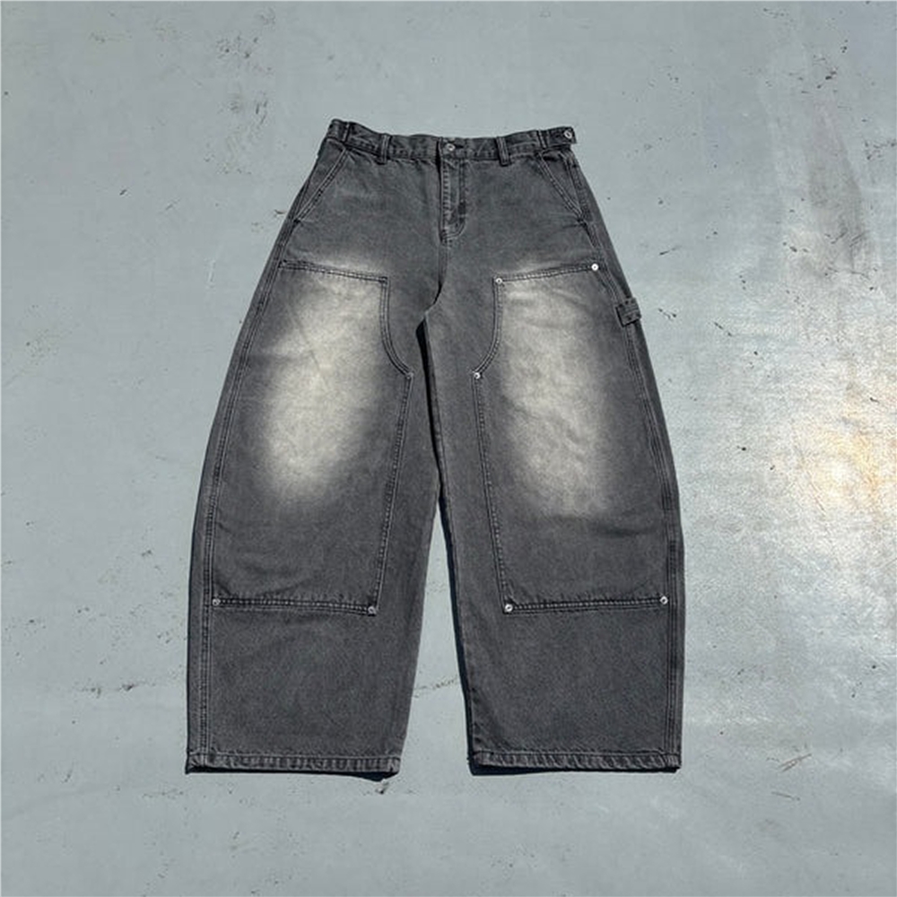 日系街頭小眾9090雙膝Baggy刺繡y2k水洗做舊滑板寬松牛仔彎刀長褲