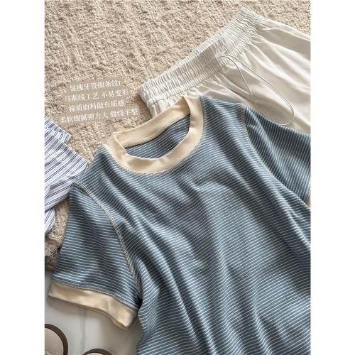 細條紋海鹽t！夏日清新感明線縫邊棉質圓領正肩休閑短袖t恤上衣女